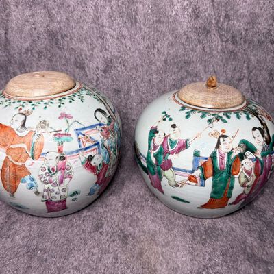 A Pair of Chinese Famille Rose Hundred Boys Porcelain Ginger Jars