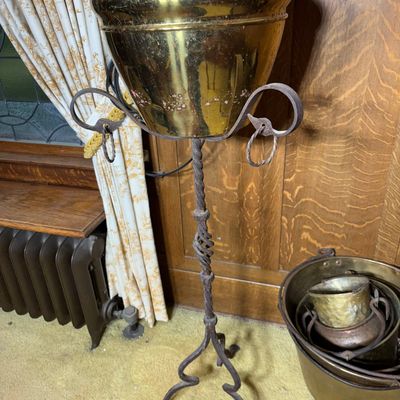 Antique Brass Jardiniere on Wrought Iron Tripod Stand