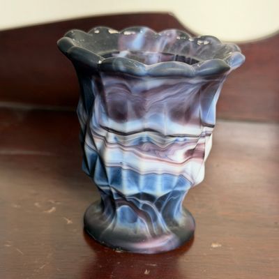 Pressed Purple and White Slag Glass Fluted Toothpick Holder with Diamond Pattern