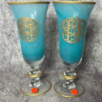 A Pair of Italian Turquoise Filigrana Art Glass Footed Vases with Gilded Monogram