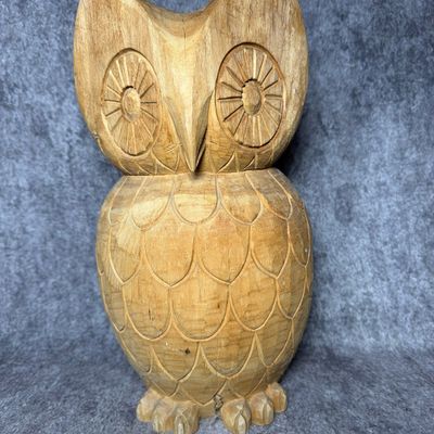 Mid-Century Stylized Hand-Carved Wooden Owl Sculpture