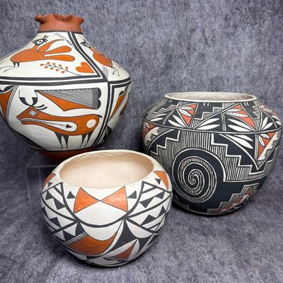 A Trio of Acoma Pueblo Polychrome Pottery Vessels by Andrew Vallo, Michelle Vallo, and M.T.