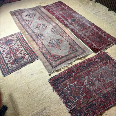A Collection of Four Antique and Semi-Antique Hand-Knotted Wool Tribal Rugs and Runners