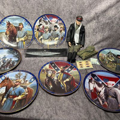 A Collection of Military and Historical Collectibles Including Hamilton Collection Plates, Corgi Die-Cast Tank, and Neptun Bismarck Model