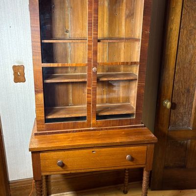 Two Piece American Walnut and Cherry Secretary Bookcase with Spool Turned Legs
