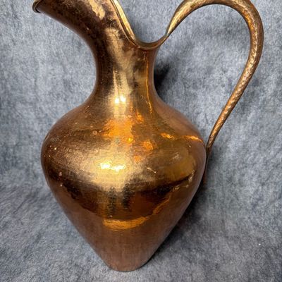 Large Hand Hammered Copper Pitcher with Elongated Handle