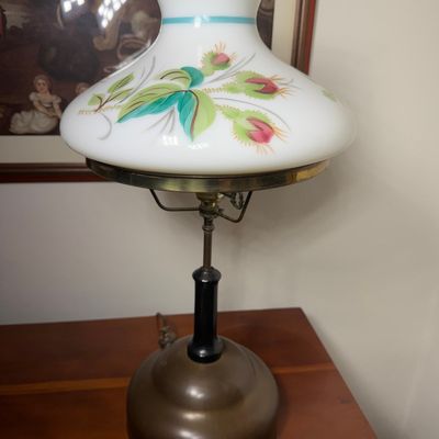 Vintage Akron Lamp and Glass Company Electrified Oil Lamp with Hand Painted Milk Glass Shade