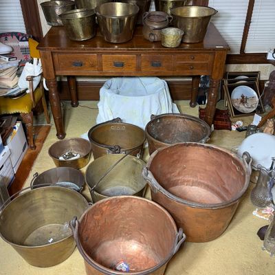 Collection of Seventeen Antique Brass and Copper Kettles and Buckets with Wrought Iron Handles