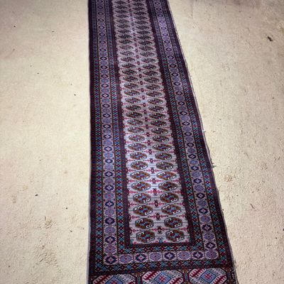 Hand Knotted Wool Tribal Runner Rug with Geometric Gul Pattern