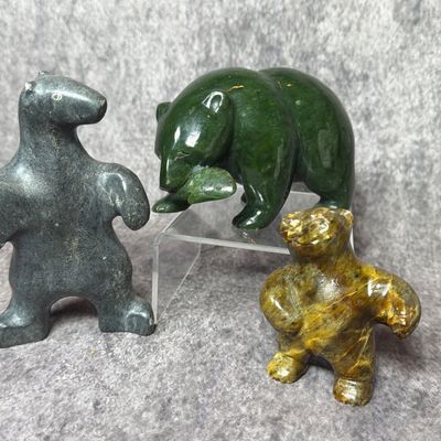 George Arluk Soapstone Bear, Alaskan Native E Kemo Stone Bear, and a Nephrite Jade Bear with Fish