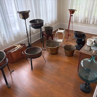 A Collection of Antique Copper and Wrought Iron Hearthware including a Large Blown Glass Carboy and Pine Blanket Chest