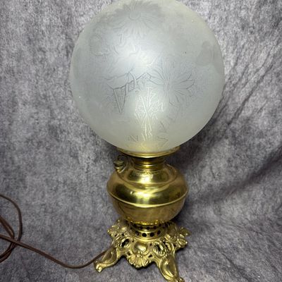 The Miller Lamp Co. Electrified Brass Banquet Lamp with Etched Floral and Butterfly Glass Globe
