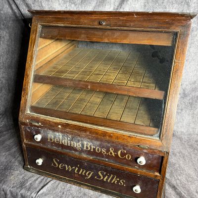 Antique Belding Bros. & Co. Oak and Glass Countertop Spool Cabinet