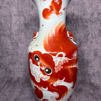 Large Chinese Iron Red and White Porcelain Buddhist Lion Vase