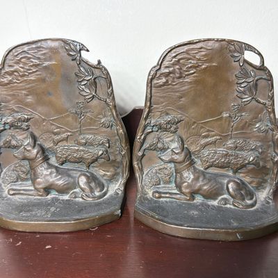 A Pair of Arts and Crafts Cast Metal Shepherd Dog and Sheep Bookends