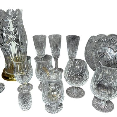 An Assortment of Waterford Cut Crystal Including America's Heritage Hurricane Lamp and Lismore Barware