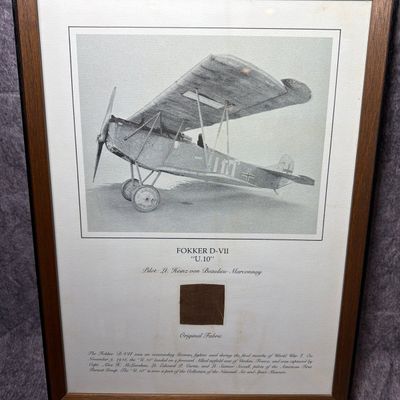 Framed Fokker D-VII U.10 Captured Aircraft Fabric Relic Display with Smithsonian Documentation