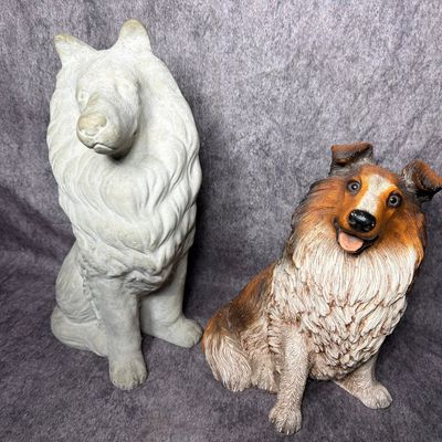 Two Seated Collie Dog Figurines in Concrete and Composite
