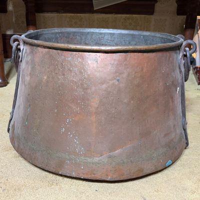 Large 19th Century Hand Hammered Copper Cauldron with Wrought Iron Handles