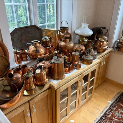 A Large Assortment of Vintage and Antique Copper and Brass Holloware and Trays