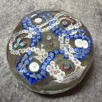 Faceted Millefiori Glass Paperweight with Goldstone Adventurine Base