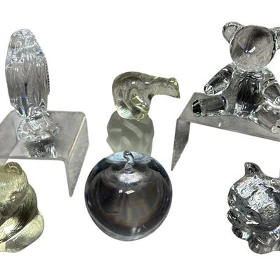 A Group of Glass Animal Figurines and an Apple Paperweight including Waterford and Ralph Lauren