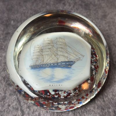Mosser Art Glass Nautical Tall Ship Paperweight with Frit Base