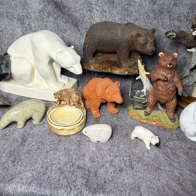 A Collection of Porcelain, Ceramic, Stone, and Metal Bear Figurines Including Lladro, Wedgwood, and Goebel