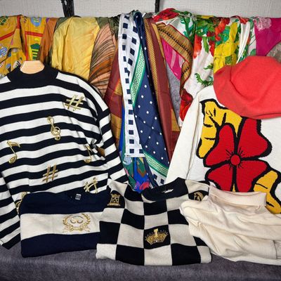 A Collection of Designer Knitwear and Silk Scarves including St. John Brooks Brothers and Perry Ellis