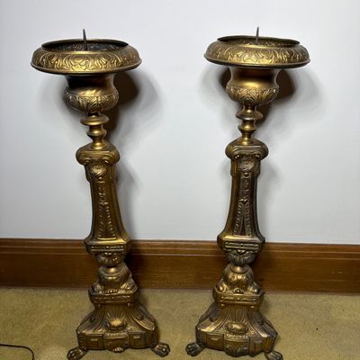 A Pair of Large Ecclesiastical Cast Metal Pricket Candlesticks