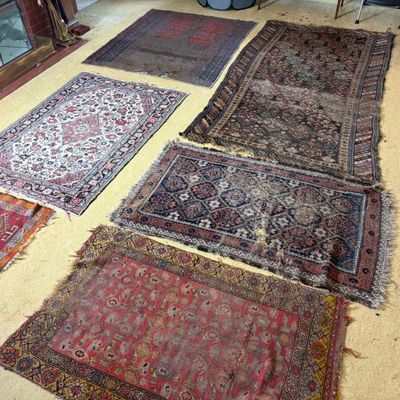 Six Antique and Semi-Antique Hand-Knotted Oriental Rugs and Fragments