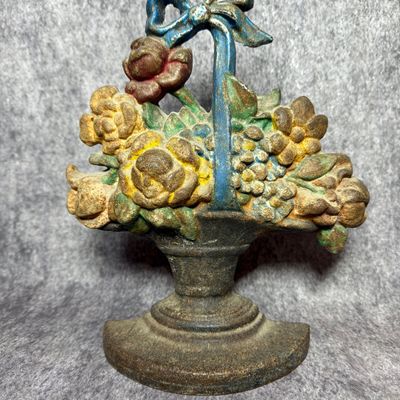 American Painted Cast Iron Flower Basket Doorstop