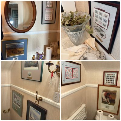 Bathroom contents lot - framed stamps, signed stamp prints and more!