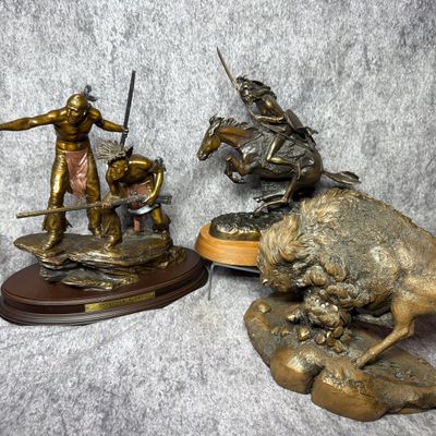 A Trio of Western Themed Sculptures by Ernie Cselko, Chapel, and Larsen After Frederic Remington