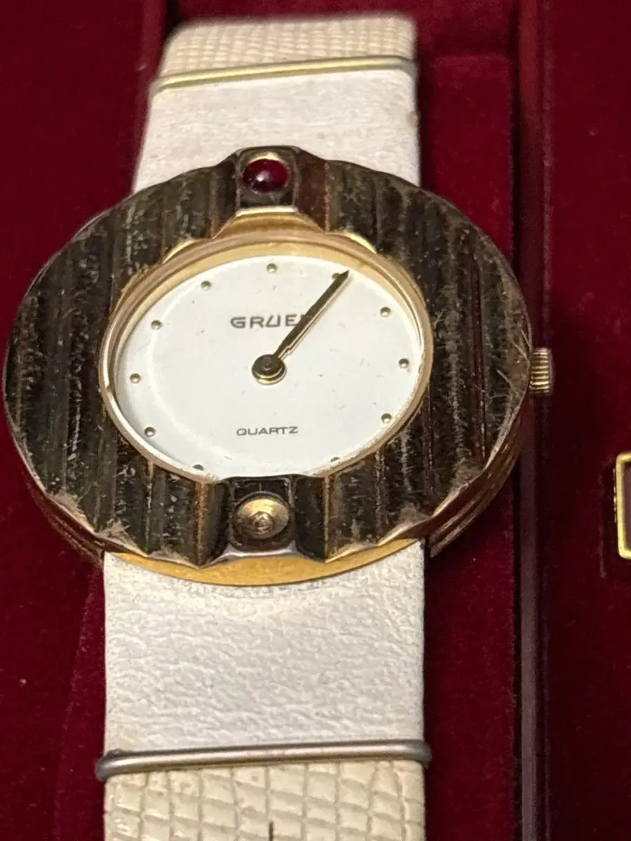 Vintage Gruen Precision Ladies Dress Watch - Red Cabochon, Fluted, Gold Bezel, White Strap, Box, Tag
