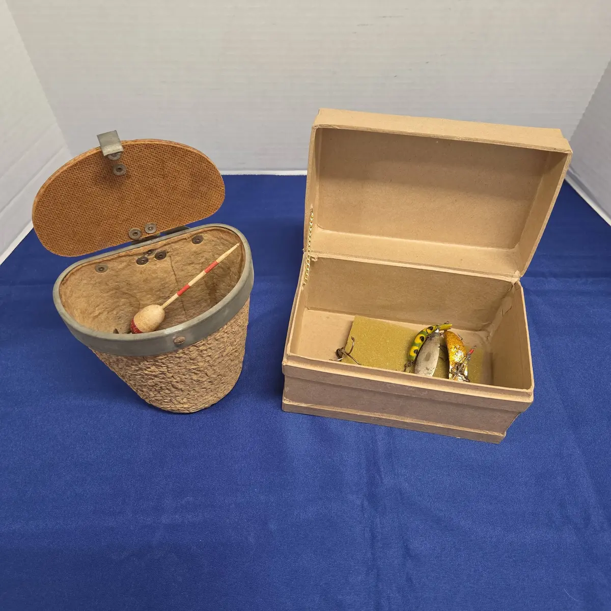 Vintage Fishing Gear - Wooden Bobbers and Sinkers, Fishing Hooks, Vintage Containers