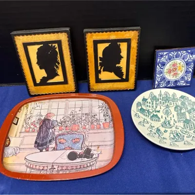 VTG Collectibles - Carl Larsson Tin Tray, Nymolle Hoyrup Plate, Sevilla Tile, Silhouettes