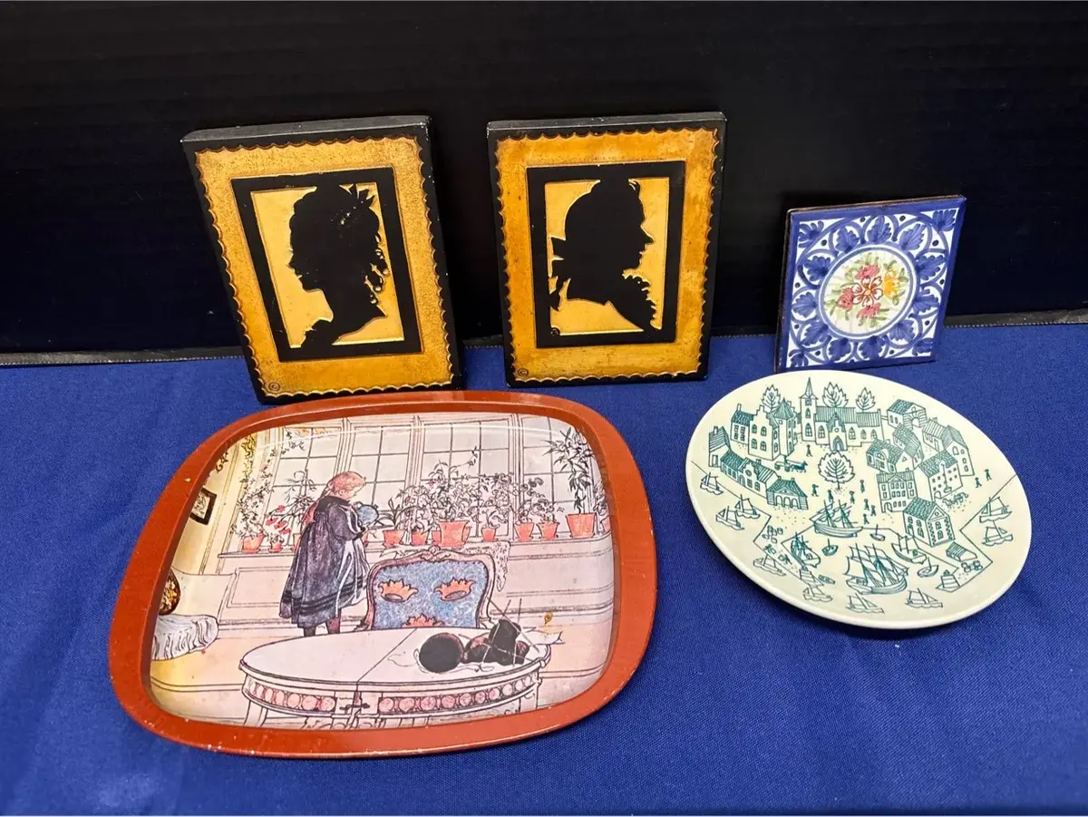 VTG Collectibles - Carl Larsson Tin Tray, Nymolle Hoyrup Plate, Sevilla Tile, Silhouettes
