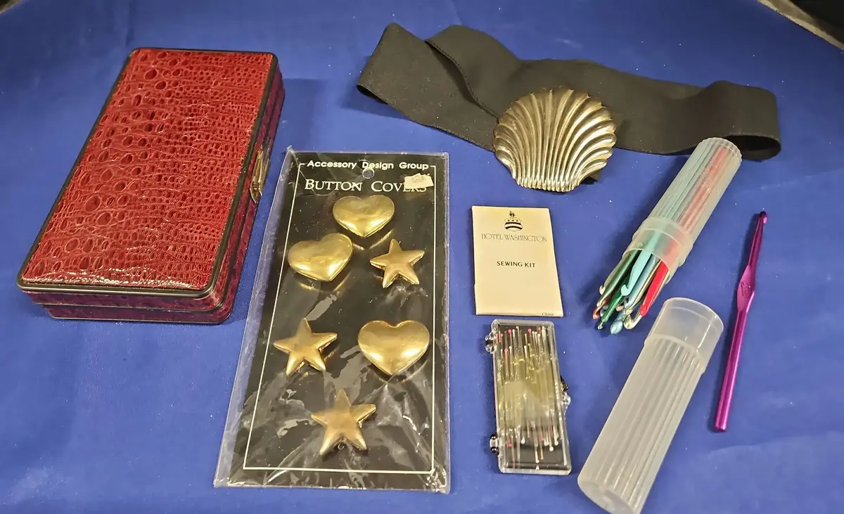 Various Home Goods - Personal Hygiene Set, Clamshell Belt, Button Covers, Sewing Kit, Crochet Hooks