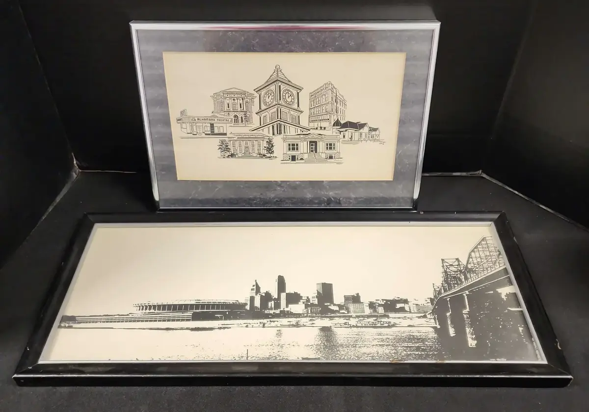 2 B&W Ink Sketch Prints - Kentucky Buildings Anthony Hunter, Cincinnati Waterfront Ron Schuller 