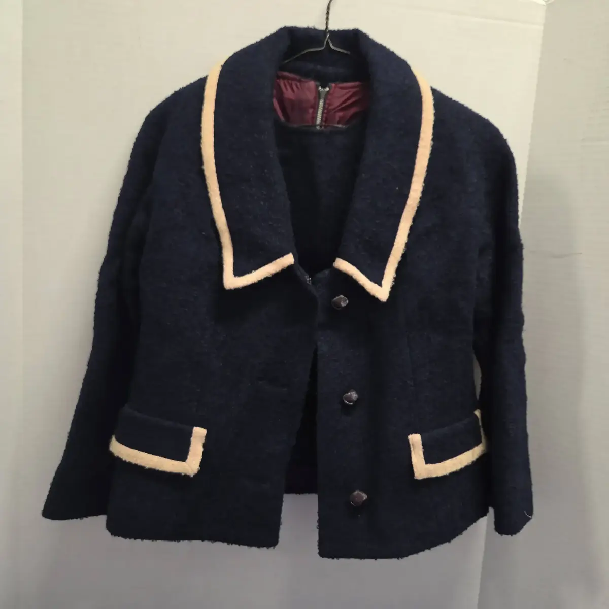 Navy Blue Textured Wool-blend Cropped Jacket, Matching Vest