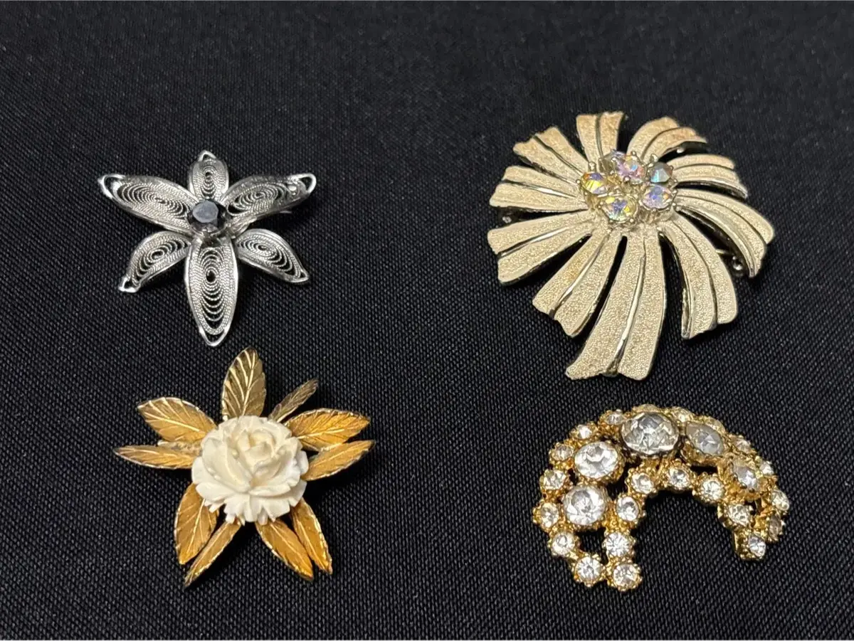 4 Vintage Brooch Pins - Sterling Silver Filigree, Wells 1/20 18K GF Flower, Mod Starburst, Crescent