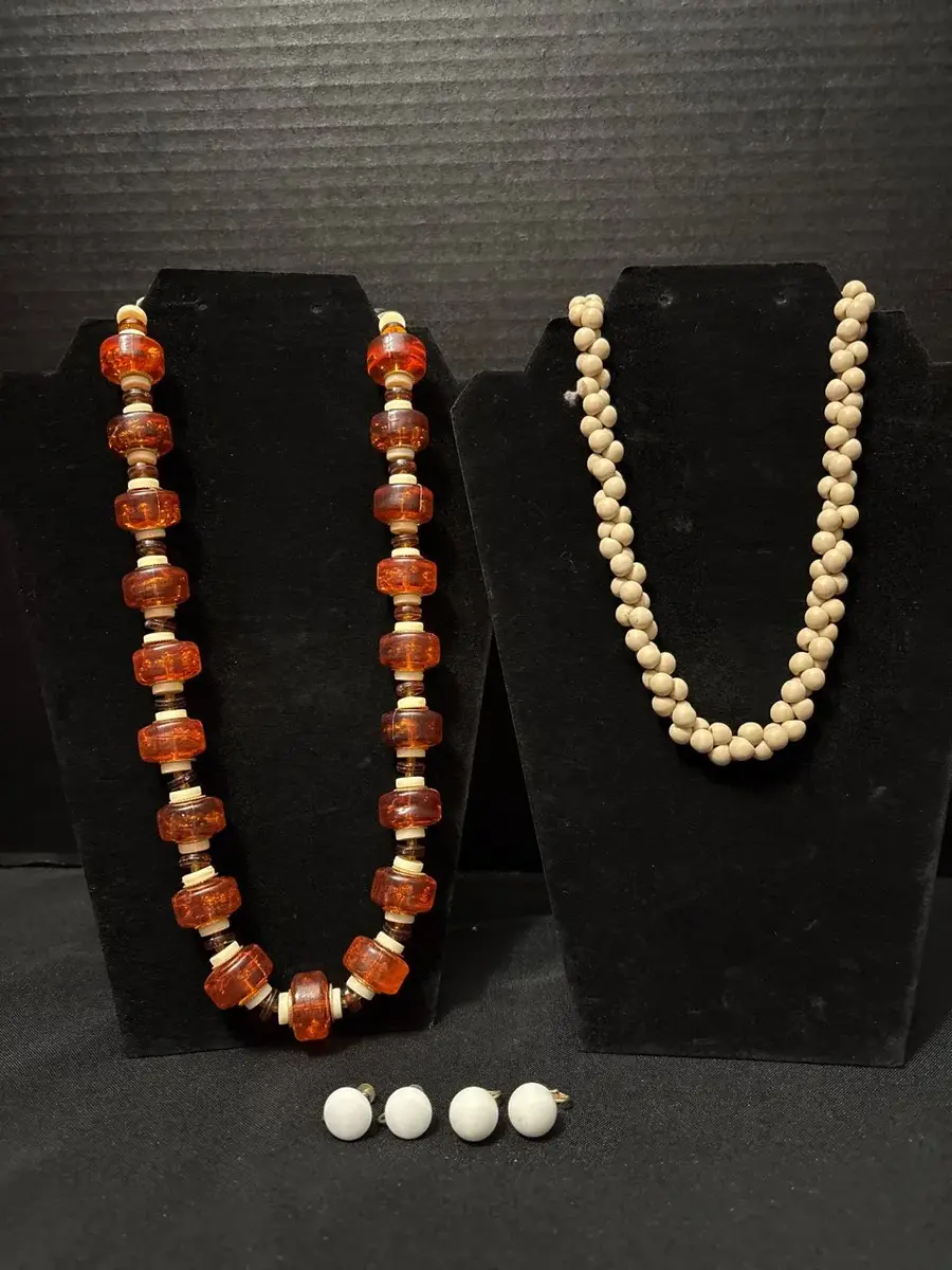 VTG Jewelry - Chunky Faux Amber Barrel + Beaded Necklaces, White Earrings