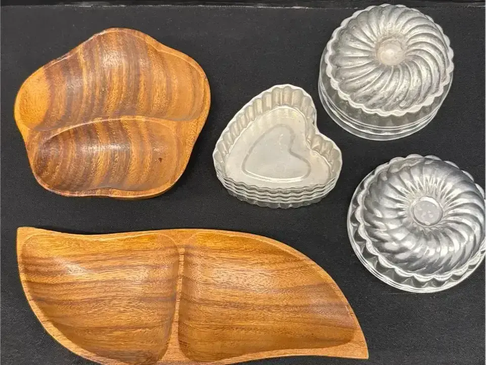 Vintage Mid-Century Kitchen Lot - Wooden Serving Bowls & Aluminum Jello Molds