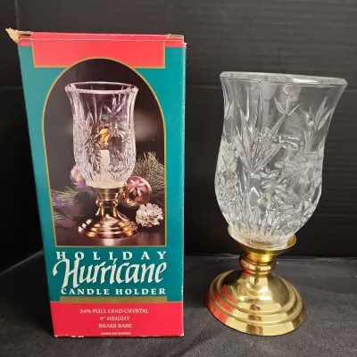 Holiday Hurricane Candle Holder - 24% Full Lead Crystal, 9" Tall, Brass Base