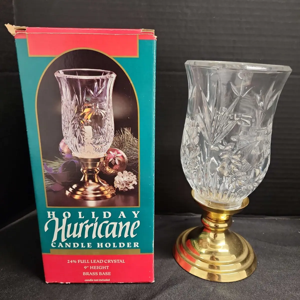 Holiday Hurricane Candle Holder - 24% Full Lead Crystal, 9" Tall, Brass Base
