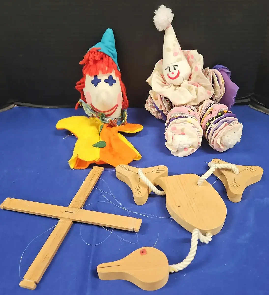 Vintage Toys - Clown Hand Puppet, Yoyo Penny Quilt Clown, The Bird Wood Puppet
