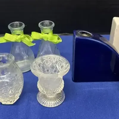 MCM Ceramic & Glass Decor - Denby Milnor Germany Wedge Vases + Clear Pressed Bottles & Bud Vases
