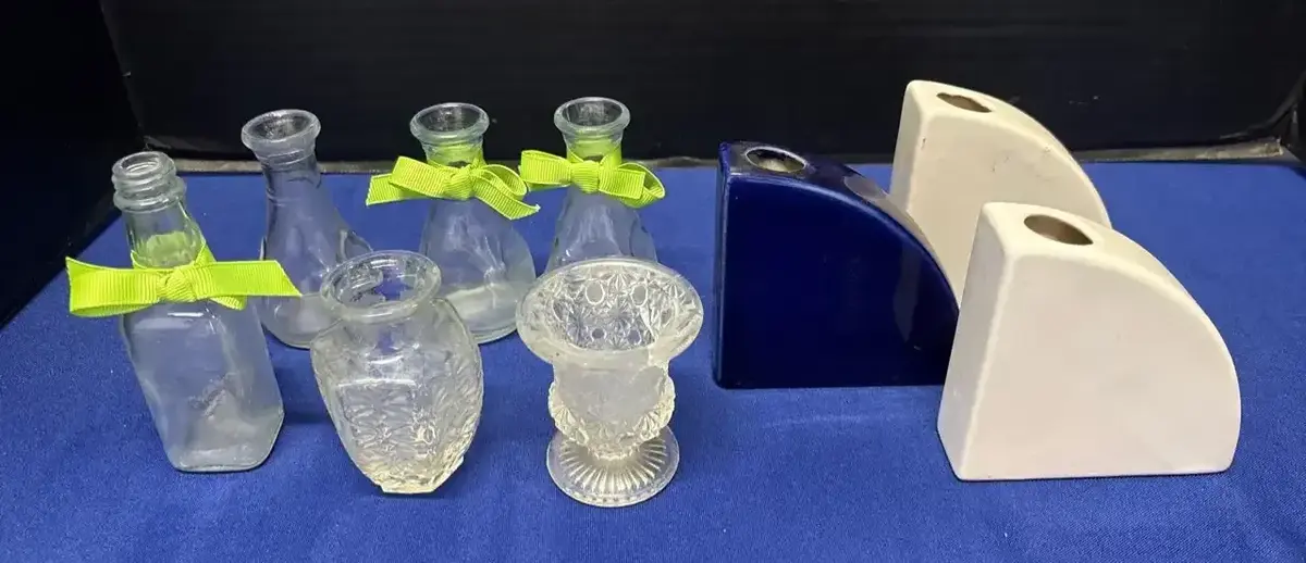 MCM Ceramic & Glass Decor - Denby Milnor Germany Wedge Vases + Clear Pressed Bottles & Bud Vases