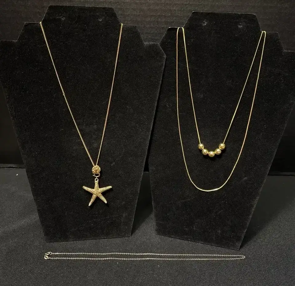 Jewelry - Sterling Silver 925 Chain + 2 Gold Tone Necklaces, Starfish Pendant, Layered Beaded